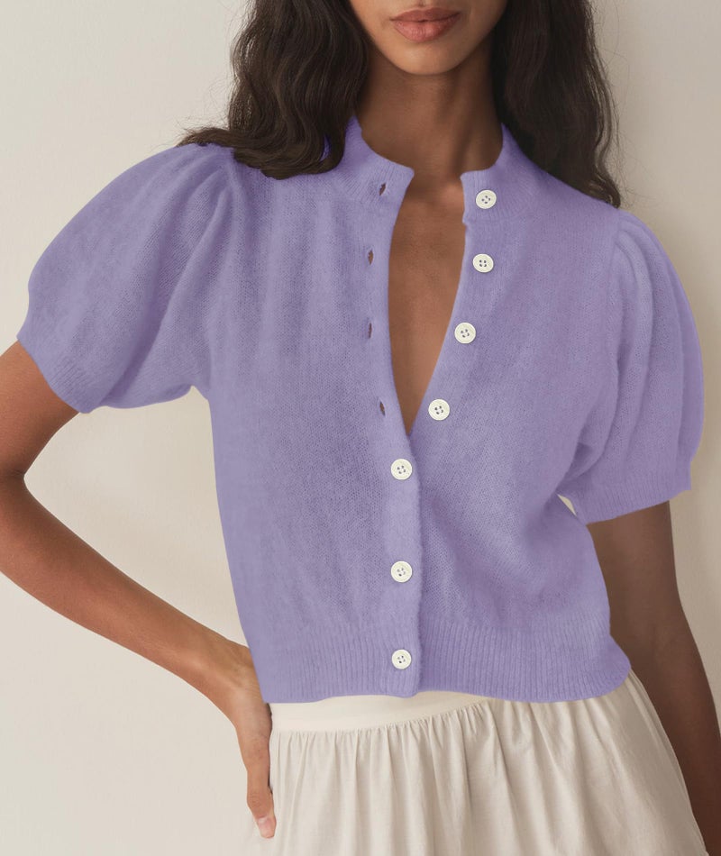Zyyfly Short Sleeve Cardigans for Women Cropped Cardigan Summer Lightweight Button up Thin Knit Short Crop Sweater Lilac Lavender Light Purple S - Image 2