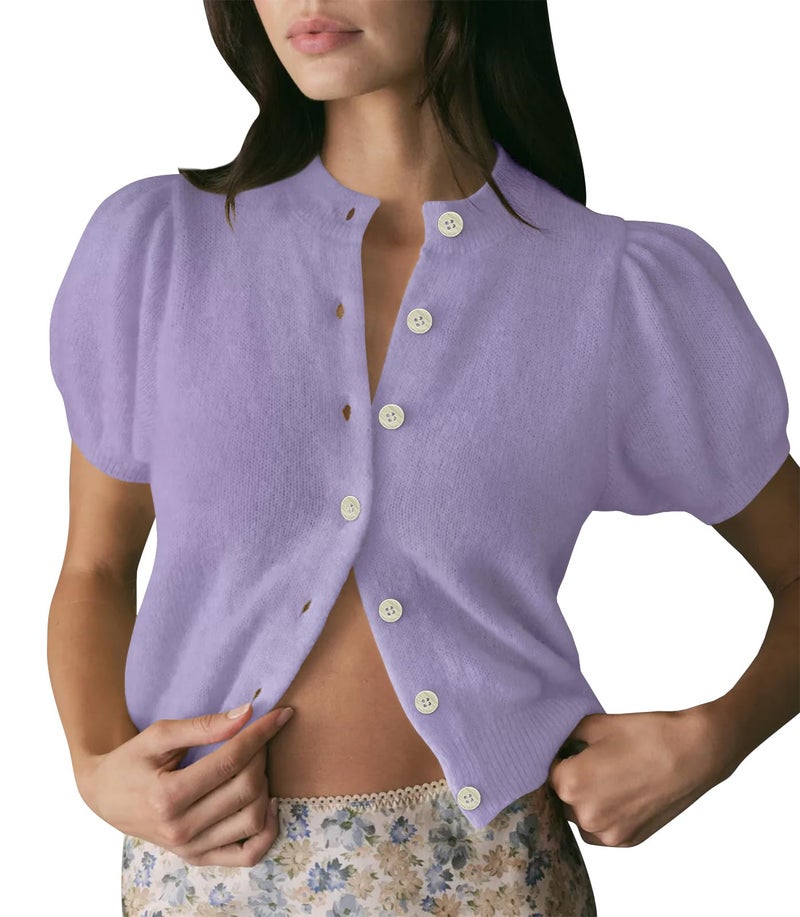 Zyyfly Short Sleeve Cardigans for Women Cropped Cardigan Summer Lightweight Button up Thin Knit Short Crop Sweater Lilac Lavender Light Purple S - Image 1