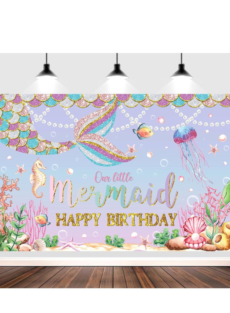 KASTWAVE Happy Birthday Backdrop - Glitter Mermaid Tail, 180x120 cm (71x47 in), Pink Purple Photography Background, Mermaid Birthday Party Decoration Banner for Girls - Image 1