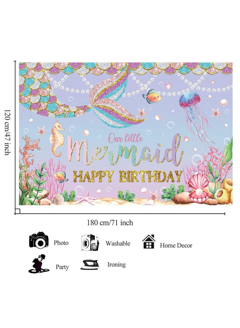 KASTWAVE Happy Birthday Backdrop - Glitter Mermaid Tail, 180x120 cm (71x47 in), Pink Purple Photography Background, Mermaid Birthday Party Decoration Banner for Girls - Image 3