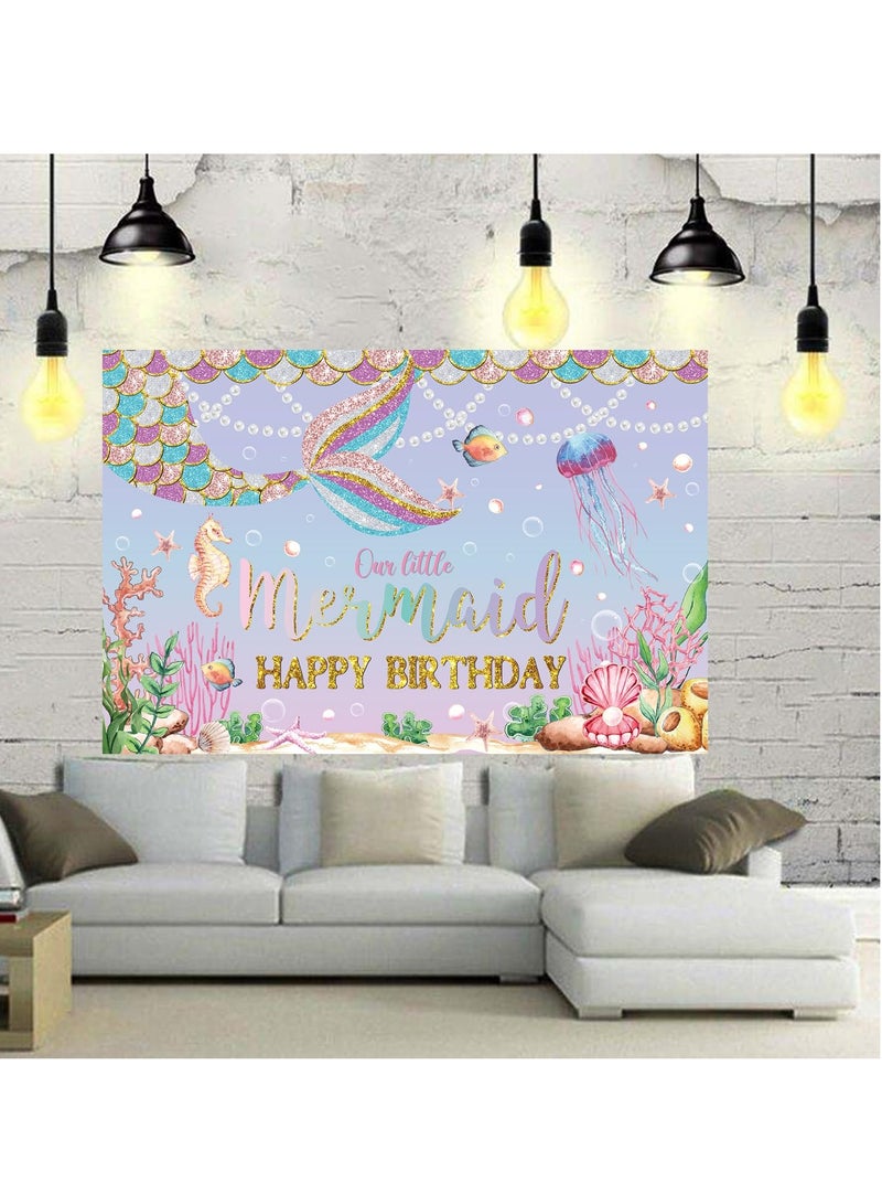 KASTWAVE Happy Birthday Backdrop - Glitter Mermaid Tail, 180x120 cm (71x47 in), Pink Purple Photography Background, Mermaid Birthday Party Decoration Banner for Girls - Image 4