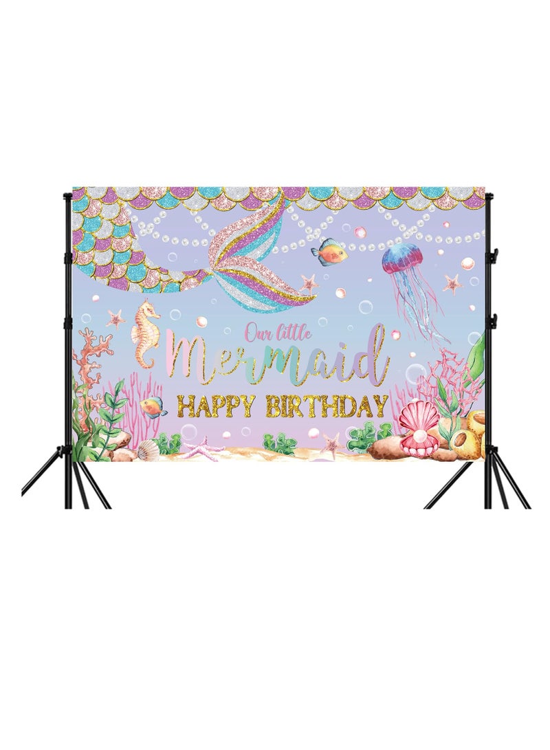 KASTWAVE Happy Birthday Backdrop - Glitter Mermaid Tail, 180x120 cm (71x47 in), Pink Purple Photography Background, Mermaid Birthday Party Decoration Banner for Girls - Image 2
