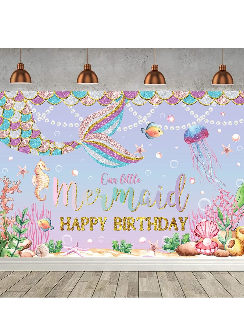 KASTWAVE Happy Birthday Backdrop - Glitter Mermaid Tail, 180x120 cm (71x47 in), Pink Purple Photography Background, Mermaid Birthday Party Decoration Banner for Girls - Image 5