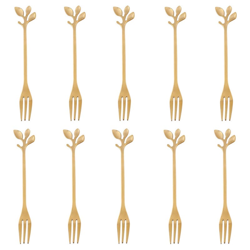 AnSaw 10Piece Gold Mini Leaf Dessert Forks Set  47 Elegant Stainless Steel Fruit Appetizer Cake  Salad Forks  Perfect for Cocktail Parties  Home Use