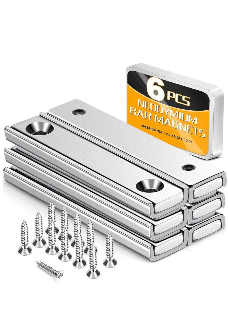 Captaintech Neodymium Rectangular Magnets 70Lbs 6Pack 60x13.5x5mm 32KG Strength Strong Rectangular Bar Magnets Household and Industrial Base Magnet with Screws for Fridge Scientific Shower Door Office etc - Image 1