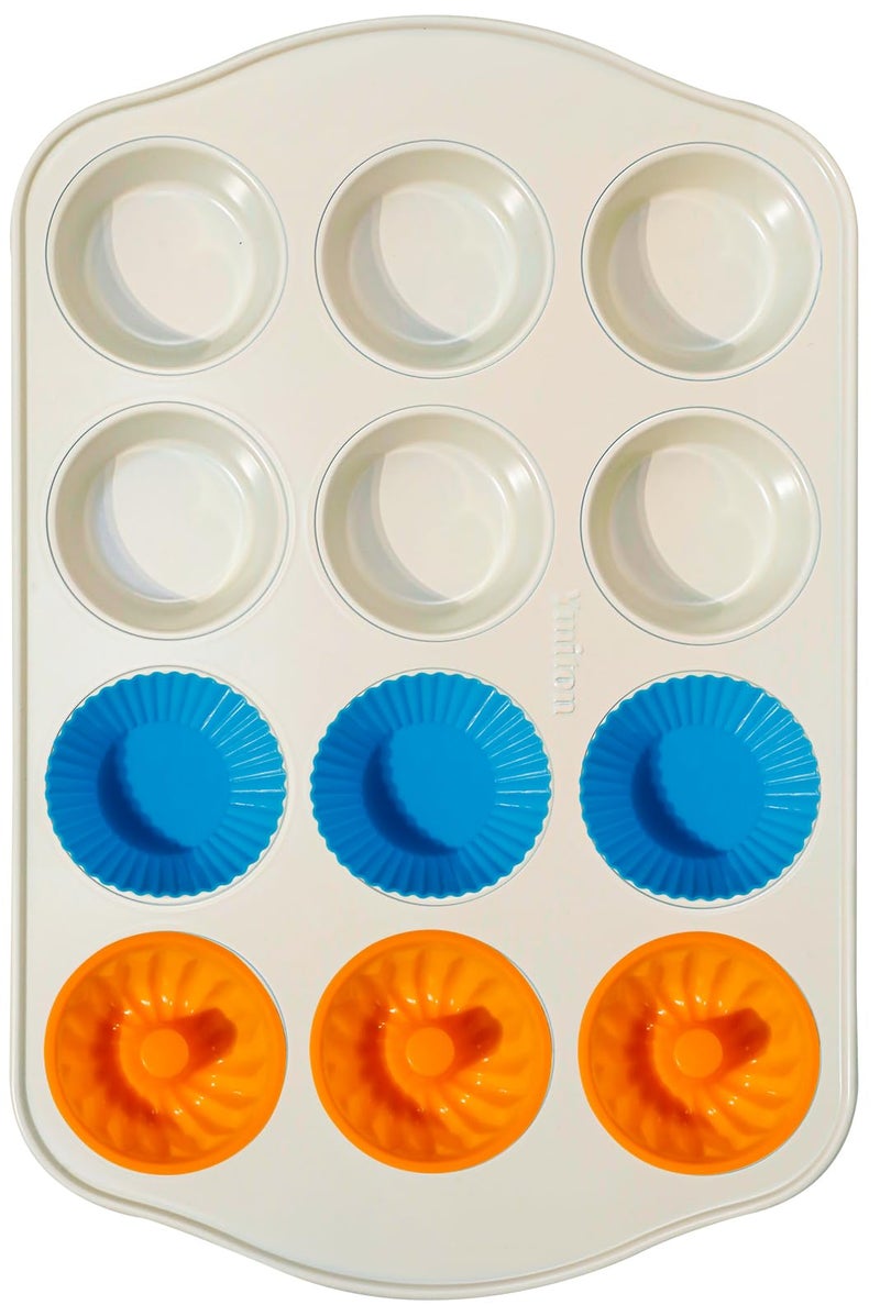 Ymiton Nonstick Muffin Pan with 12 Silicone Baking Cups Carbon Steel Muffin Tin for Muffins Cupcakes Egg Bites and more Non Toxic Easy to Clean Dishwasher Safe Sunshine Cream - Image 2