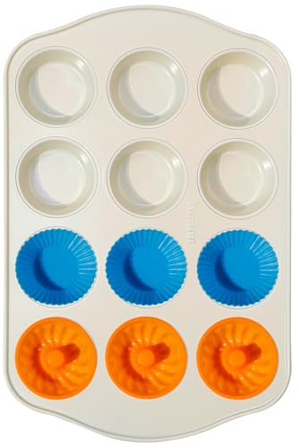 Ymiton Nonstick Muffin Pan with 12 Silicone Baking Cups Carbon Steel Muffin Tin for Muffins Cupcakes Egg Bites and more Non Toxic Easy to Clean Dishwasher Safe Sunshine Cream - Image 1
