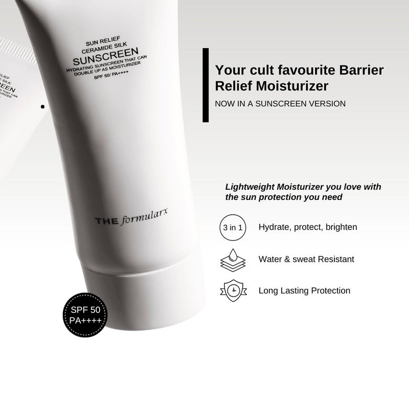 The Formularx Sun Relief Ceramide Sunscreen SPF 50 PA  Broad Spectrum UV  Blue Light Protection  For Oily Acne prone Sensitive Skin  Brightening Barrier Care with Niacinamide Hyaluronic acid  Peptides  Lightweight No White Cast  Water  Sweat Resistant  Men  Women  50g - Image 3