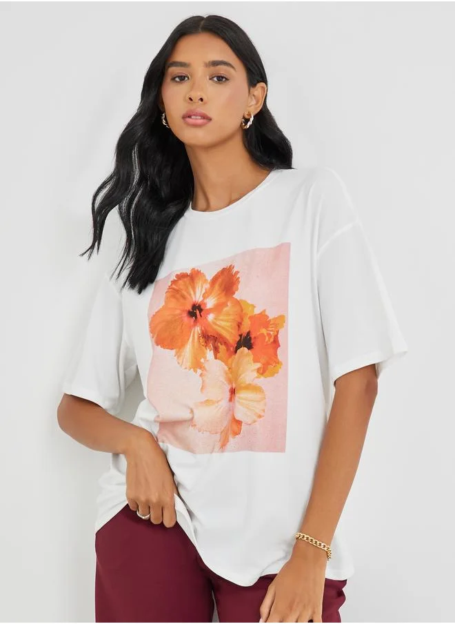 تايك تو Take Two Graphic Print Round Neck Oversized T-Shirt