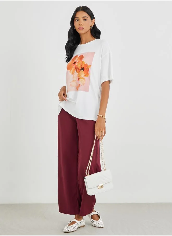 تايك تو Take Two Graphic Print Round Neck Oversized T-Shirt