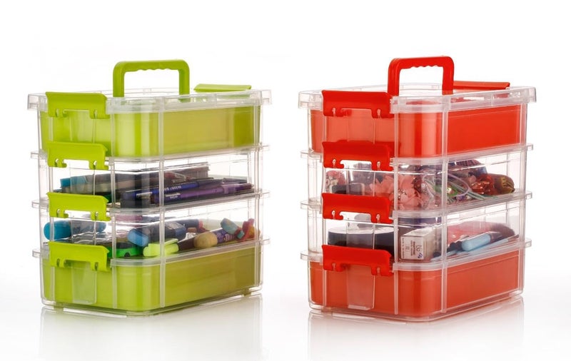 Stysol 3Tiers Stack Carry Storage Container Transparent Stackable Storage Bin With Handle Lid Latching Storage Container Box for Stationery Art Craft Makeup Accessory - Image 3