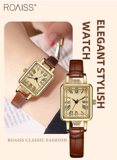 Women's Leather Strap Quartz Watch, Analog Display Rectangle Dial with Roman Numeral Scales, Retro Chic Waterproof Wristwatch as Gift for Ladies