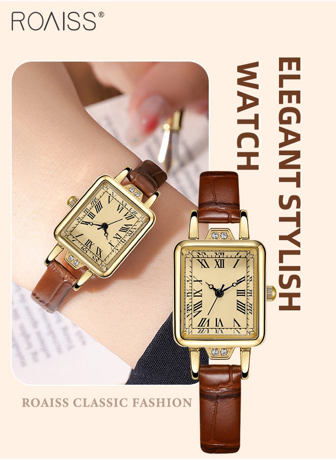 roaiss - Women's Leather Strap Quartz Watch, Analog Display Rectangle Dial with Roman Numeral Scales, Retro Chic Waterproof Wristwatch as Gift for Ladies - Image 1