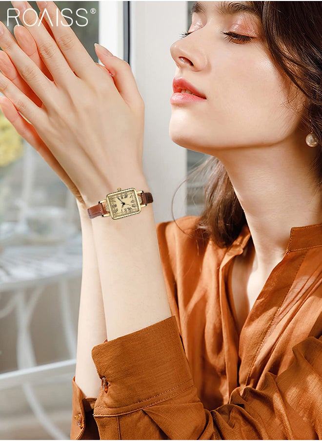 roaiss - Women's Leather Strap Quartz Watch, Analog Display Rectangle Dial with Roman Numeral Scales, Retro Chic Waterproof Wristwatch as Gift for Ladies - Image 1