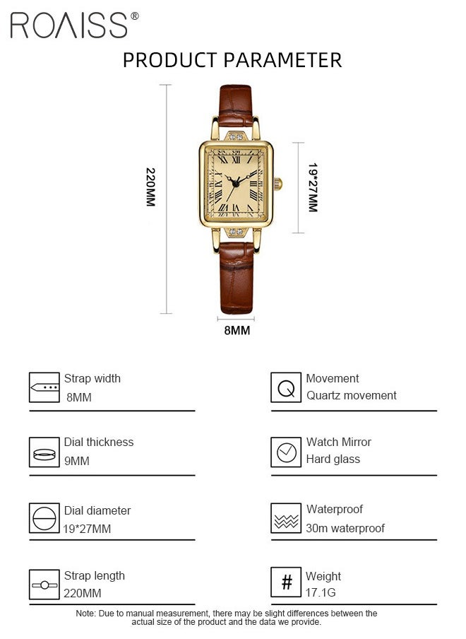 roaiss - Women's Leather Strap Quartz Watch, Analog Display Rectangle Dial with Roman Numeral Scales, Retro Chic Waterproof Wristwatch as Gift for Ladies - Image 1