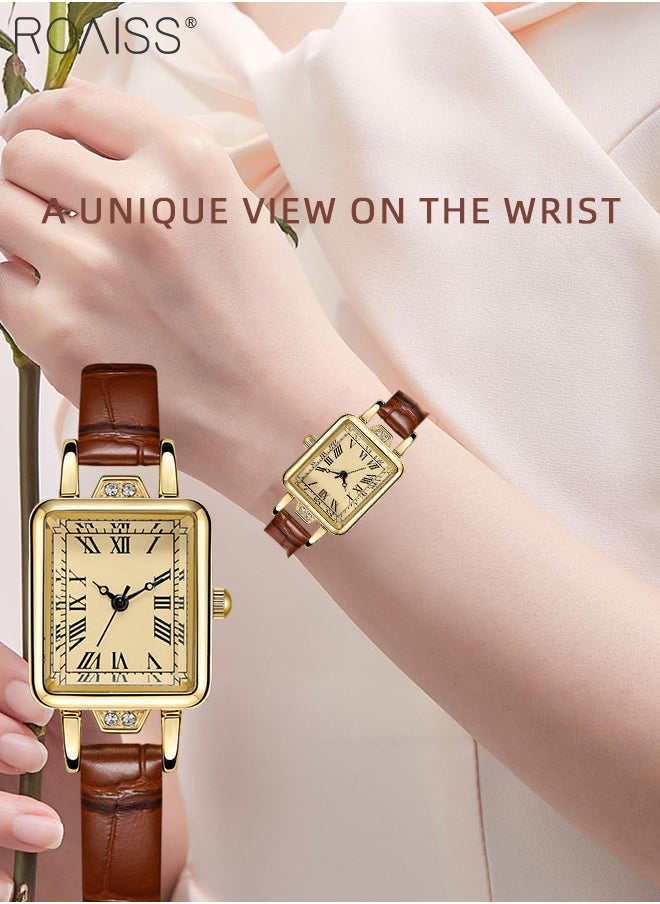 roaiss - Women's Leather Strap Quartz Watch, Analog Display Rectangle Dial with Roman Numeral Scales, Retro Chic Waterproof Wristwatch as Gift for Ladies - Image 1