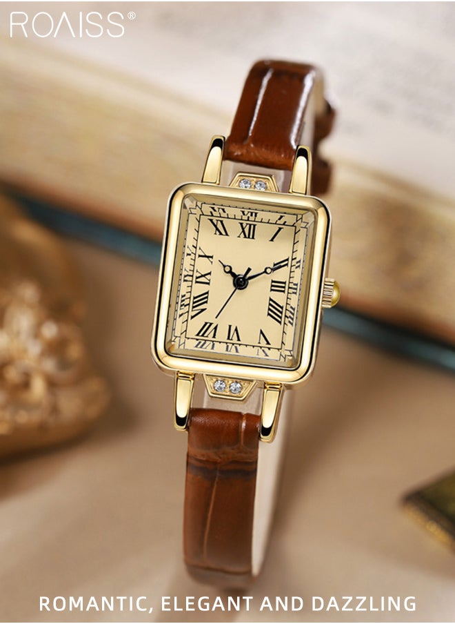 roaiss - Women's Leather Strap Quartz Watch, Analog Display Rectangle Dial with Roman Numeral Scales, Retro Chic Waterproof Wristwatch as Gift for Ladies - Image 1