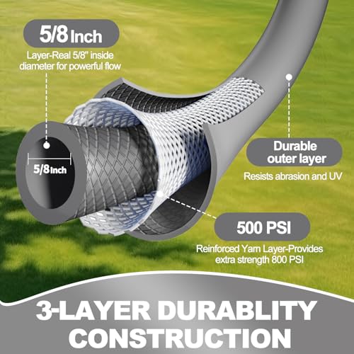 YOTOO Heavy Duty Hybrid Garden Water Hose 5/8-Inch by 100-Feet 150 PSI Kink Resistant, Flexible with Swivel Grip Handle and 3/4" GHT Solid Brass Fittings, Gray - Image 2