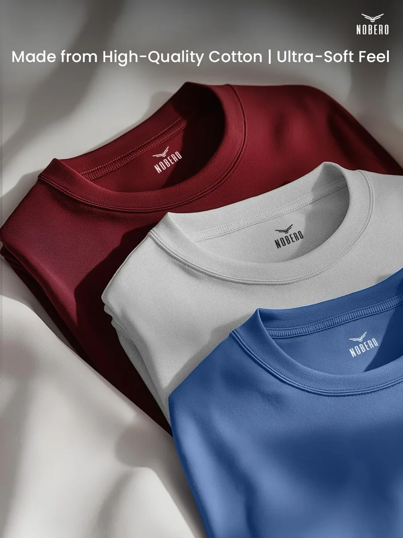 نوبيرو Men's Solid Cotton T-Shirt Pack of 3