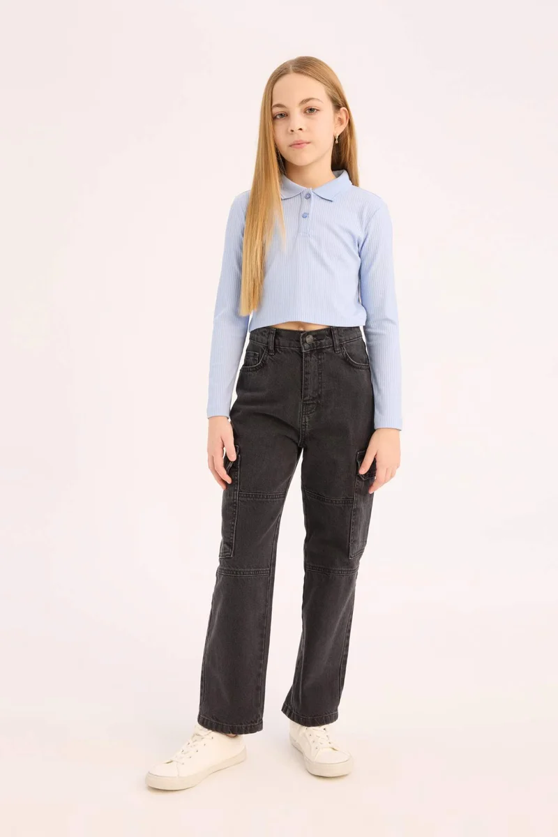 Defacto Girl Slim Fit Ribbed Long Sleeve Polo T-Shirt