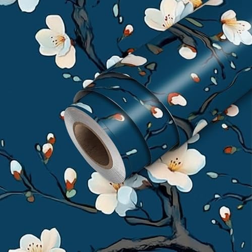 HOMETITUTE Magnolia Wallpaper Peel and Stick Dark Blue Floral Contact Paper Wall Paper Stick 177 x 1181 Self Adhesive Vinyl Wall Covering for Bedroom Study Accent Decor - Image 1