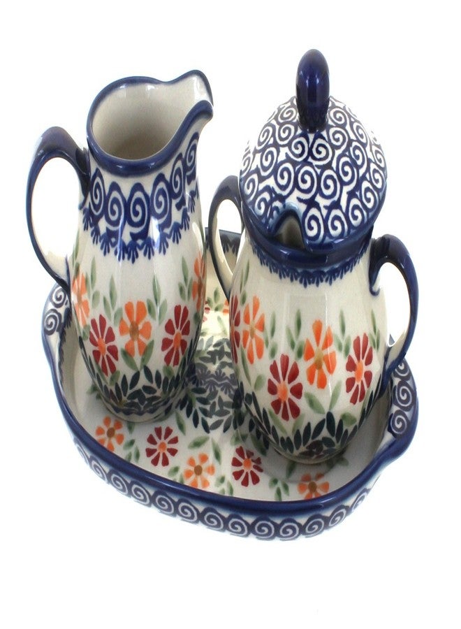 Blue Rose Pottery Blue Rose Polish Pottery - Orange Garden Bouquet Sugar & Creamer with Tray - 6 oz Creamer - Hand-Painted Polish Pottery Ceramic Creamer & Sugar Bowl with Lid - Image 1