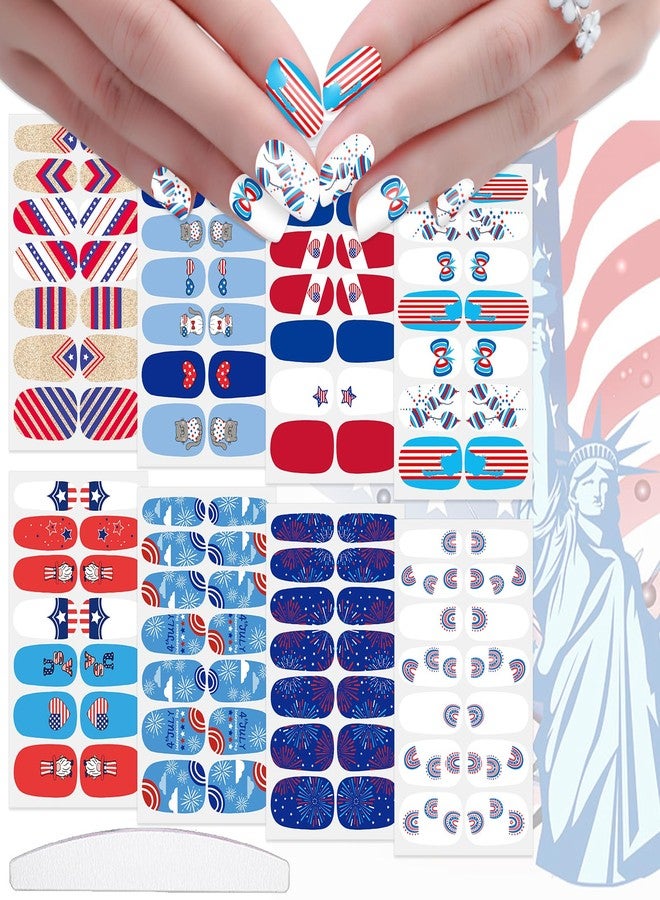 JERCLITY 8 Sheets 4th of July Nail Wraps for Women Independence Day Nail Polish Strips Patriotic American Flag Nail Strips Self-Adhesive Nail Stickers with Nail File for Memorial Day（4th of July-C） - Image 1