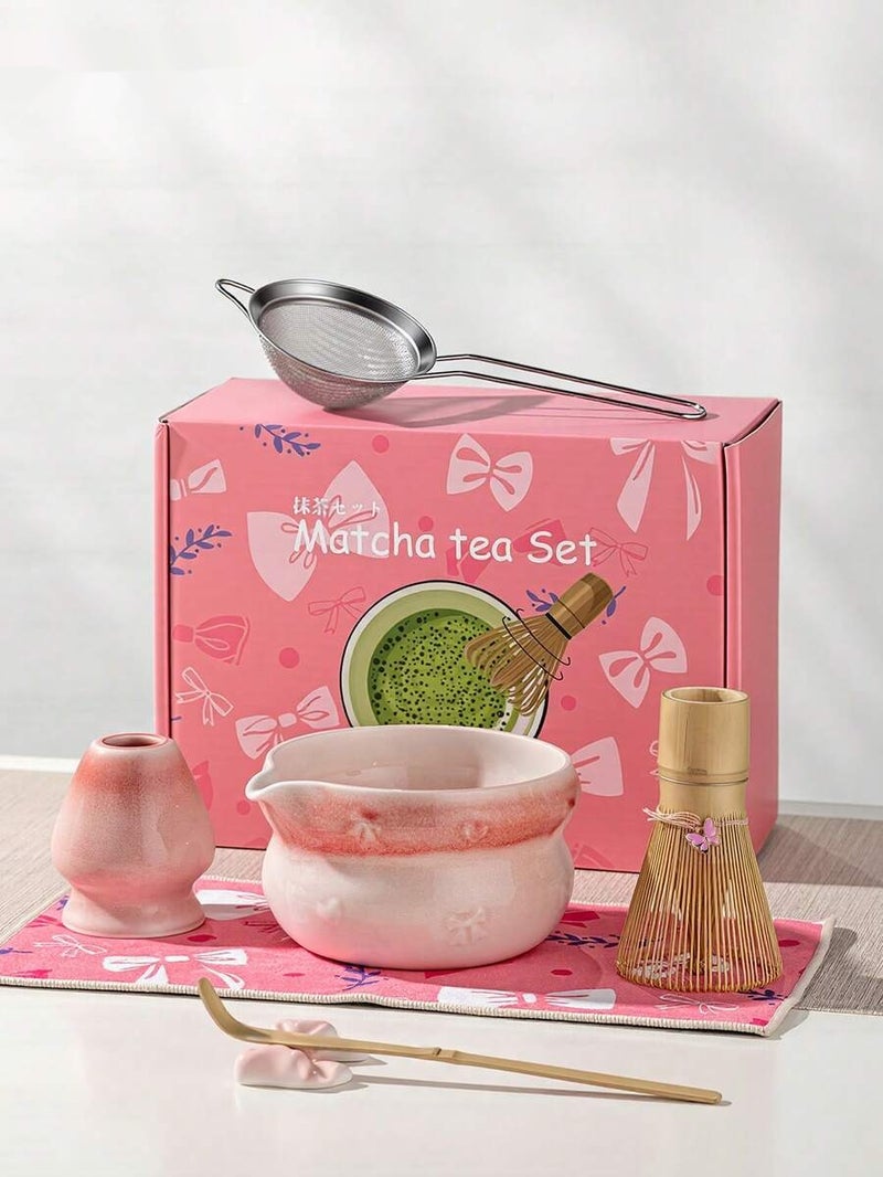 7pcs Pink Handmade Porcelain Matcha Kit, Idealfor Home Tea Ceremony, Relaxing DailyGreen Tea Brewing, Perfect Gift for TeaLovers, Elegant Tabletop Tea Accessory forKitchen & Majlis Decor, Premium MatchaMaking Utensils Set with Gift Box forRamadan Gifting, Eid Present & ArabicHospitality  Use - Image 1