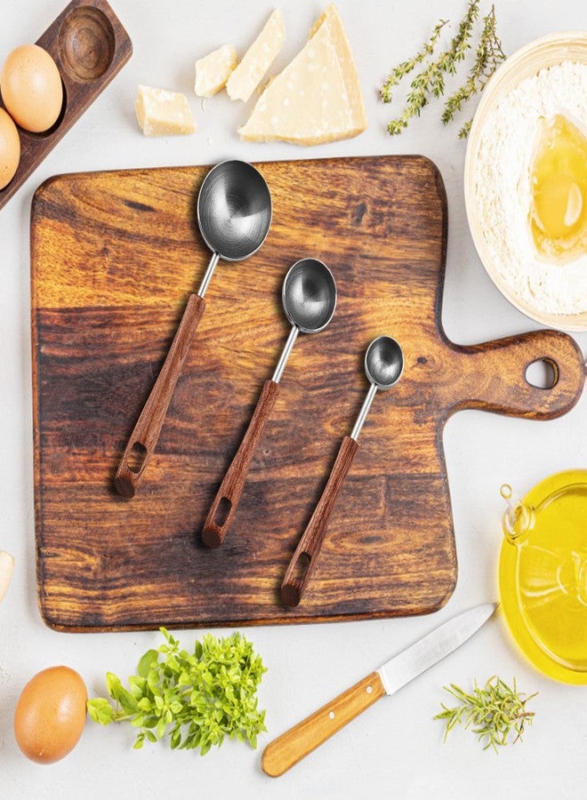 فلاين مجموعة ملاعق قياس من فلايلين مكونة من 3 قطع، ملاعق كبيرة من الفولاذ المقاوم للصدأ 304 بمقبض خشبي، ملاعق صغيرة وملاعق قهوة لقياس المكونات السائلة والجافة (4 مل/8 مل/25 مل). - Image 2