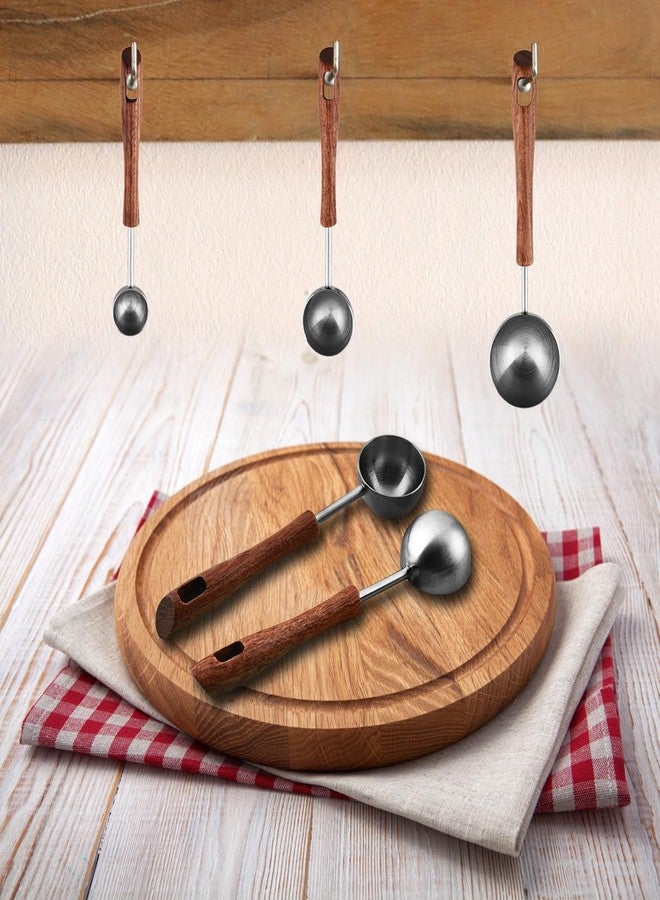 فلاين مجموعة ملاعق قياس من فلايلين مكونة من 3 قطع، ملاعق كبيرة من الفولاذ المقاوم للصدأ 304 بمقبض خشبي، ملاعق صغيرة وملاعق قهوة لقياس المكونات السائلة والجافة (4 مل/8 مل/25 مل). - Image 4