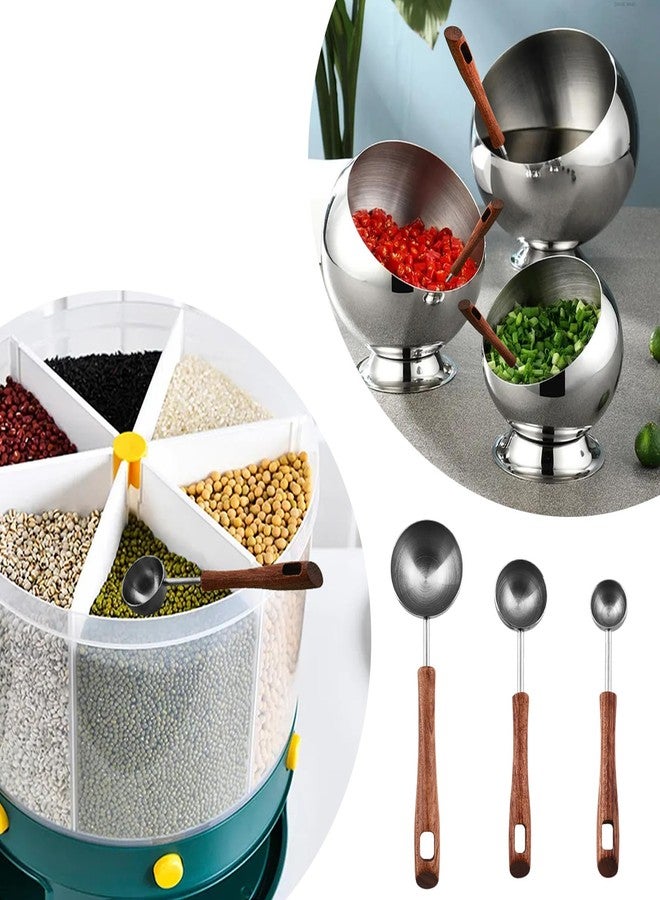 فلاين مجموعة ملاعق قياس من فلايلين مكونة من 3 قطع، ملاعق كبيرة من الفولاذ المقاوم للصدأ 304 بمقبض خشبي، ملاعق صغيرة وملاعق قهوة لقياس المكونات السائلة والجافة (4 مل/8 مل/25 مل). - Image 5