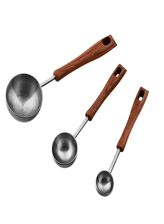 فلاين مجموعة ملاعق قياس من فلايلين مكونة من 3 قطع، ملاعق كبيرة من الفولاذ المقاوم للصدأ 304 بمقبض خشبي، ملاعق صغيرة وملاعق قهوة لقياس المكونات السائلة والجافة (4 مل/8 مل/25 مل). - Image 1