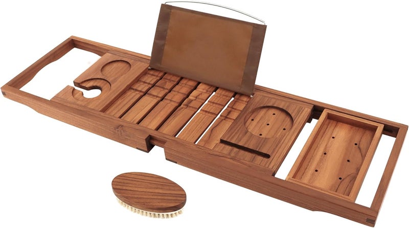 VaeFae Premium Teak Bathtub Tray, Expandable Wooden Bath Tray for Tub, Luxury Bathtub & Bathroom Accessories, Great House Warming, Anniversary & Wedding and Birthday Gifts (Free Teak Body Brush) - Image 1