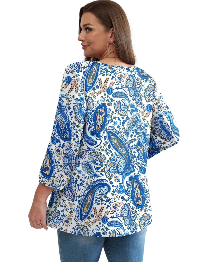 OFEEFAN Plus Size 3/4 Sleeve Tops for Women Boho Tops Fashion Clothing Beach Vacation Clothes Blouses for Women Dressy Casual Summer Cruise Outfits Western Outfit Boho Blue XL - Image 5