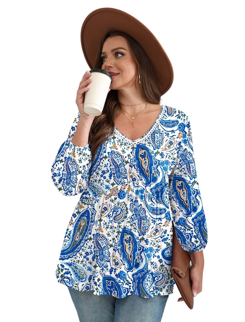 OFEEFAN Plus Size 3/4 Sleeve Tops for Women Boho Tops Fashion Clothing Beach Vacation Clothes Blouses for Women Dressy Casual Summer Cruise Outfits Western Outfit Boho Blue XL - Image 4
