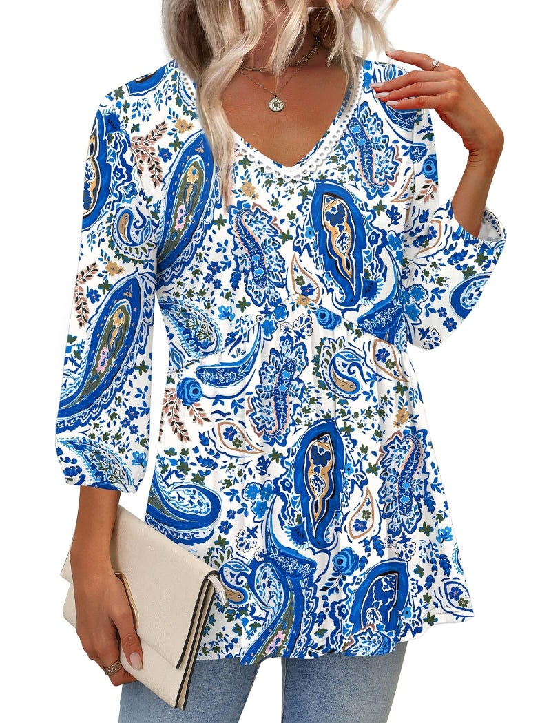 OFEEFAN Plus Size 3/4 Sleeve Tops for Women Boho Tops Fashion Clothing Beach Vacation Clothes Blouses for Women Dressy Casual Summer Cruise Outfits Western Outfit Boho Blue XL - Image 2