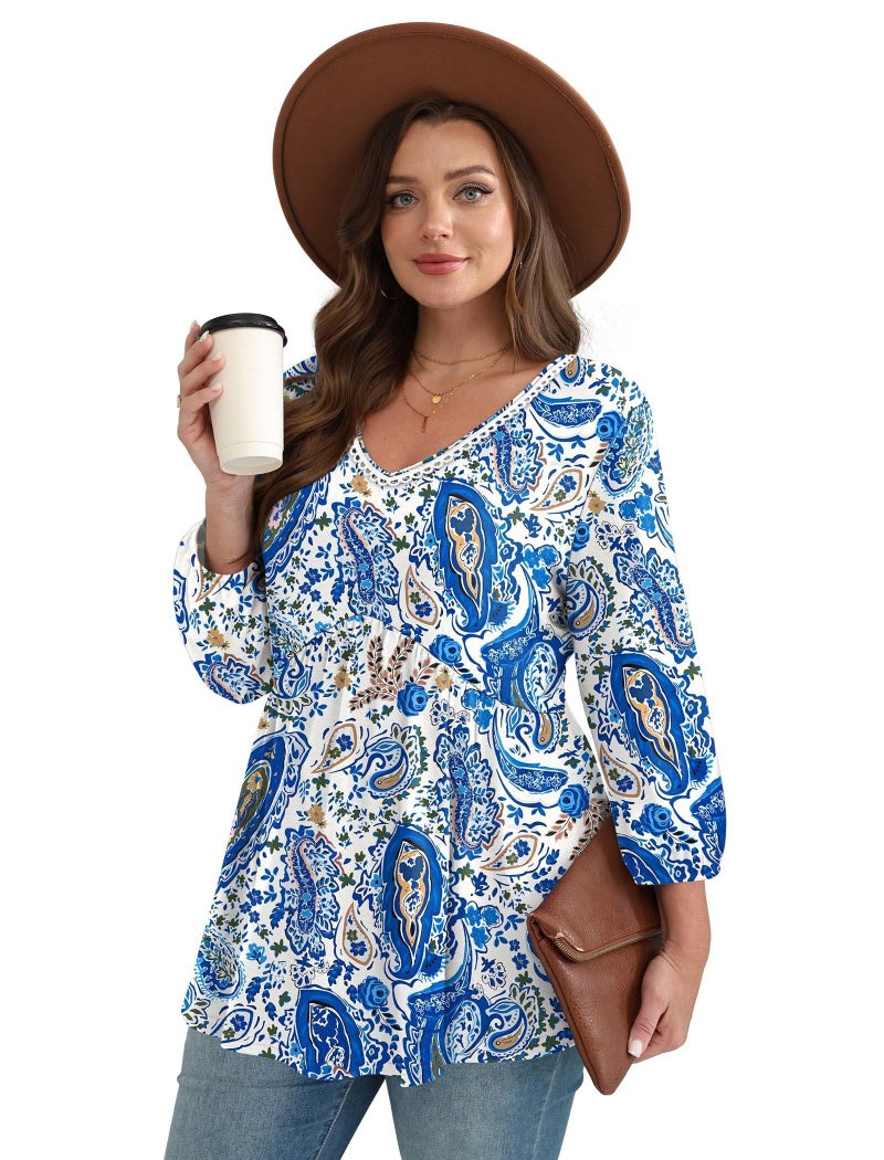 OFEEFAN Plus Size 3/4 Sleeve Tops for Women Boho Tops Fashion Clothing Beach Vacation Clothes Blouses for Women Dressy Casual Summer Cruise Outfits Western Outfit Boho Blue XL - Image 3