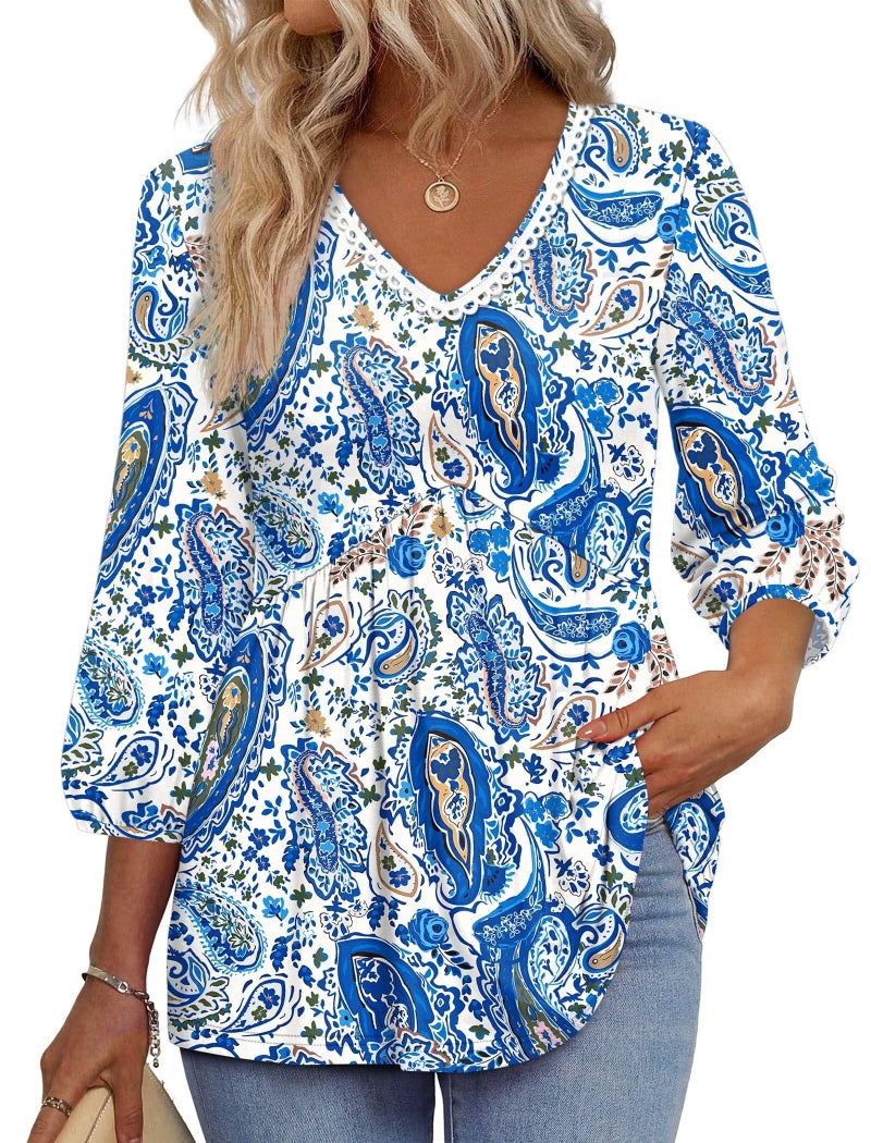 OFEEFAN Plus Size 3/4 Sleeve Tops for Women Boho Tops Fashion Clothing Beach Vacation Clothes Blouses for Women Dressy Casual Summer Cruise Outfits Western Outfit Boho Blue XL - Image 1