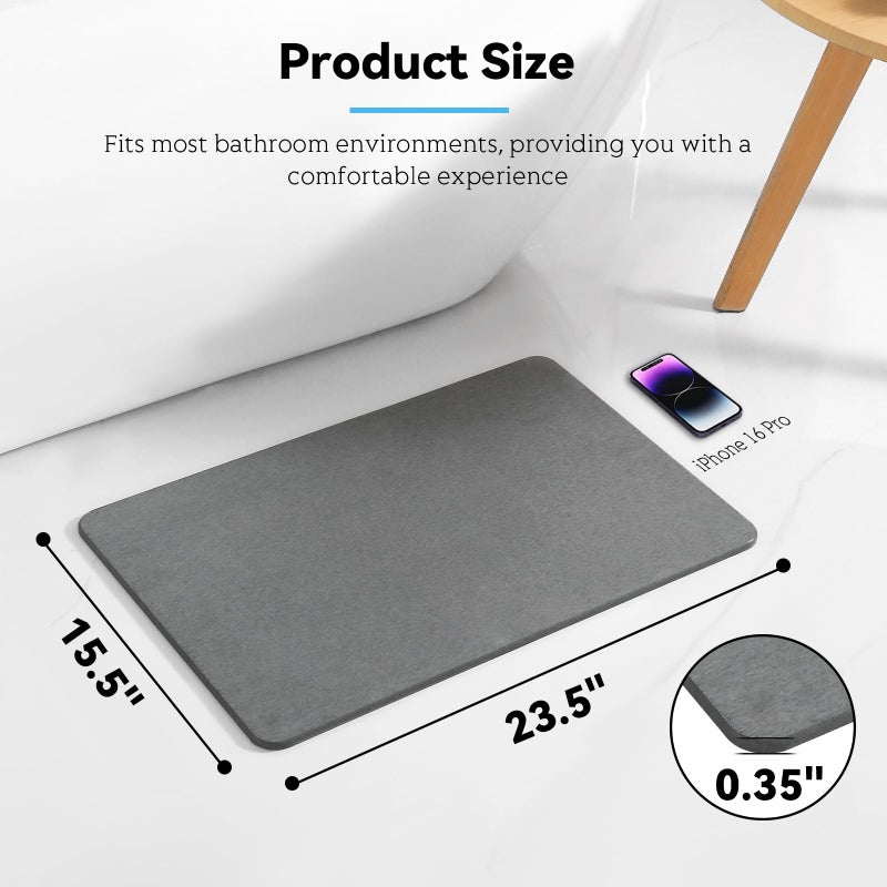 Realion Stone Bath Mat, Dries Quickly, Non-Slip Diatomaceous Earth Bath Mats for Bathroom, Super Absorbent Stone Shower Mat, Easy to Clean, 23.5" x 15.5" Dark Gray - Image 2