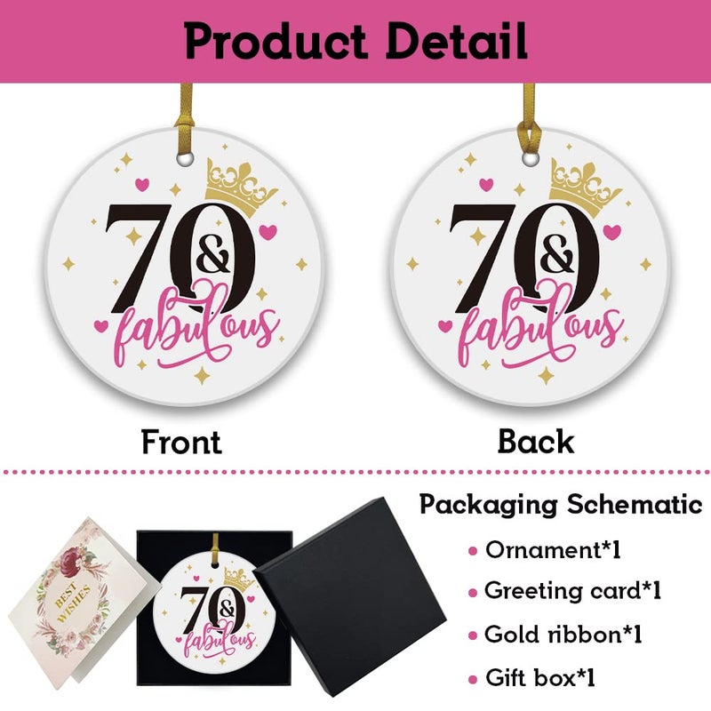 REWIDPARTY Fabulous 70th Birthday Ornaments Gifts Keepsake Sign Round Plaque Happy for 70 Years Birthday Gifts Idea Christmas Decoration 3"" Circle Ceramic Ornament with Gold Ribbon & Gift Box - Image 2