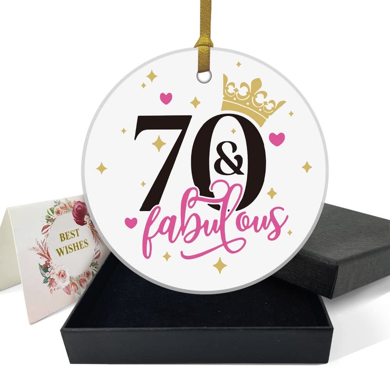 REWIDPARTY Fabulous 70th Birthday Ornaments Gifts Keepsake Sign Round Plaque Happy for 70 Years Birthday Gifts Idea Christmas Decoration 3"" Circle Ceramic Ornament with Gold Ribbon & Gift Box - Image 1