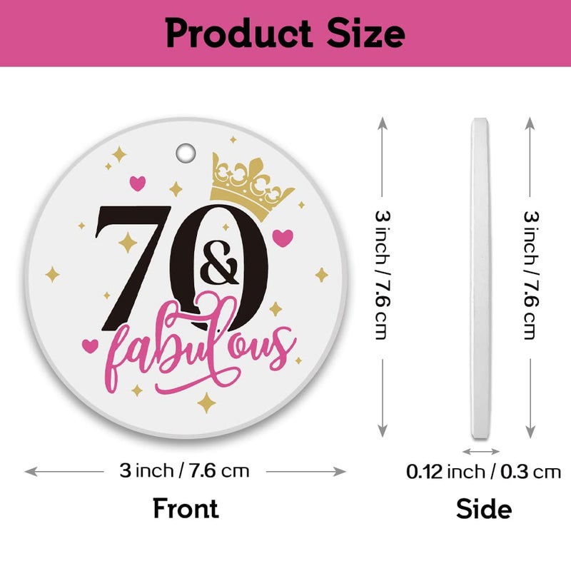 REWIDPARTY Fabulous 70th Birthday Ornaments Gifts Keepsake Sign Round Plaque Happy for 70 Years Birthday Gifts Idea Christmas Decoration 3"" Circle Ceramic Ornament with Gold Ribbon & Gift Box - Image 3