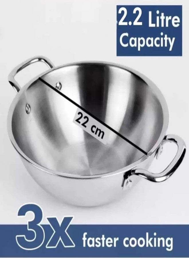WEKTU TRIPLY KADHAI STAINLESS STEEL TRIPLY KADHAI|KADHAI with LID 22 CM DIAMETER Kadhai 22 cm diameter with Lid 2.2 L capacity (Triply, Induction Bottom) - Image 2