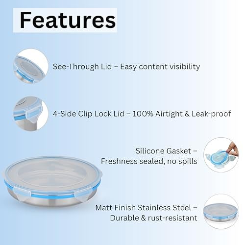 STEELLOCK Stainless Steel Airtight Flat Storage Container| Food Grade Certified| Transparent Top Silicon Lid With Clamp| 1 Pc Set, 1000 ml Each - Image 5
