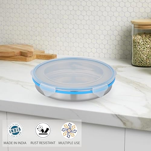 STEELLOCK Stainless Steel Airtight Flat Storage Container| Food Grade Certified| Transparent Top Silicon Lid With Clamp| 1 Pc Set, 1000 ml Each - Image 4