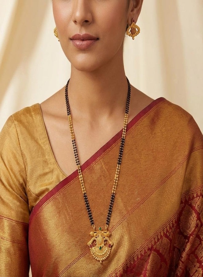 طقم عقد مانجالسوترا مطلي بالذهب من AAIKU، مستوحى من ولاية ماهاراشترا التقليدية، مع أقراط متناسقة | تصميم كرة ذهبية، صفان من الخرز الأسود (PS1598، 30 بوصة) - Image 5
