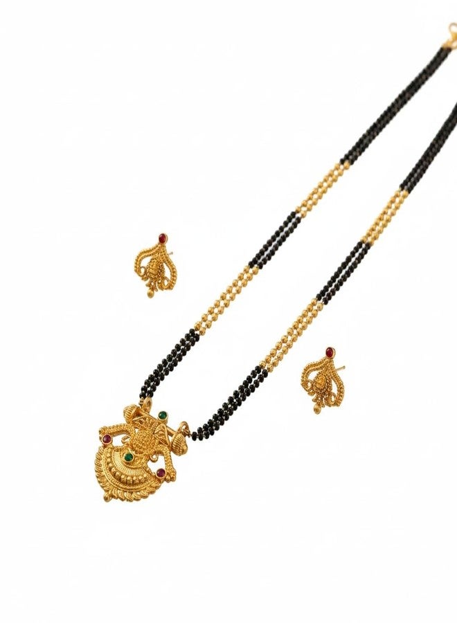 طقم عقد مانجالسوترا مطلي بالذهب من AAIKU، مستوحى من ولاية ماهاراشترا التقليدية، مع أقراط متناسقة | تصميم كرة ذهبية، صفان من الخرز الأسود (PS1598، 30 بوصة) - Image 1