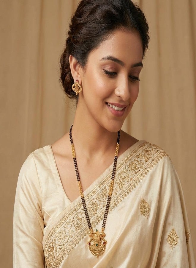 طقم عقد مانجالسوترا مطلي بالذهب من AAIKU، مستوحى من ولاية ماهاراشترا التقليدية، مع أقراط متناسقة | تصميم كرة ذهبية، صفان من الخرز الأسود (PS1598، 30 بوصة) - Image 2