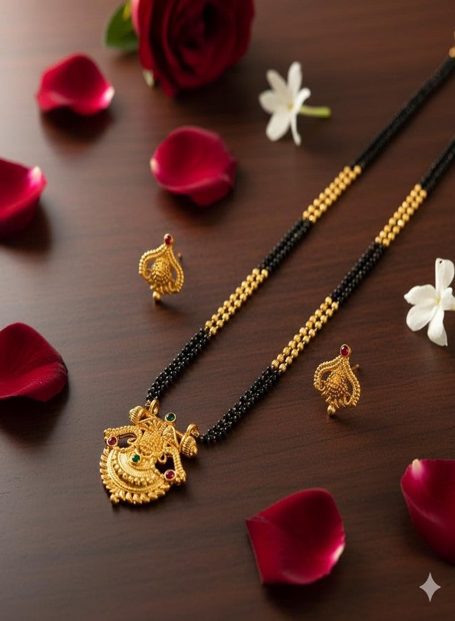 طقم عقد مانجالسوترا مطلي بالذهب من AAIKU، مستوحى من ولاية ماهاراشترا التقليدية، مع أقراط متناسقة | تصميم كرة ذهبية، صفان من الخرز الأسود (PS1598، 30 بوصة) - Image 4