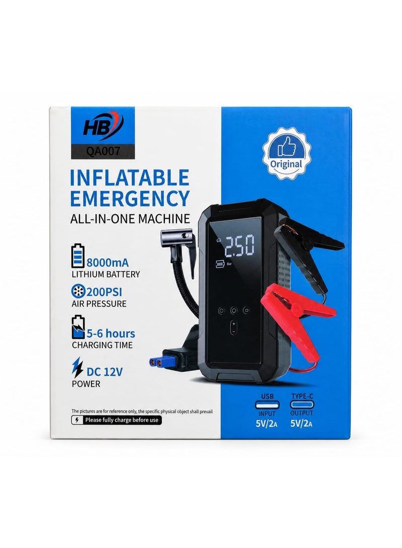 HB QA007 All-in-One Car Emergency Jump Starter & Air Compressor – 8000mAh Battery, 200 PSI Digital Tire Inflator, 12V Portable Emergency Machine - Image 2